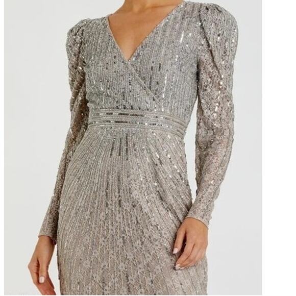 Mac Duggal Taupe Beaded Faux Wrap Long Sleeve Cocktail Dress Mother of Bride, 16 - Picture 1 of 14